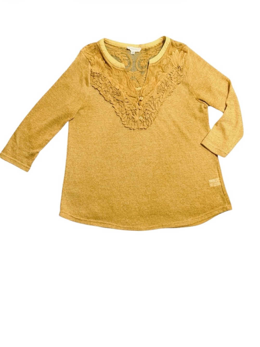 Crescent Mustard Yellow Lace Embroidered Knit Blouse Top Boho Stretch 3/4 Sleeve
